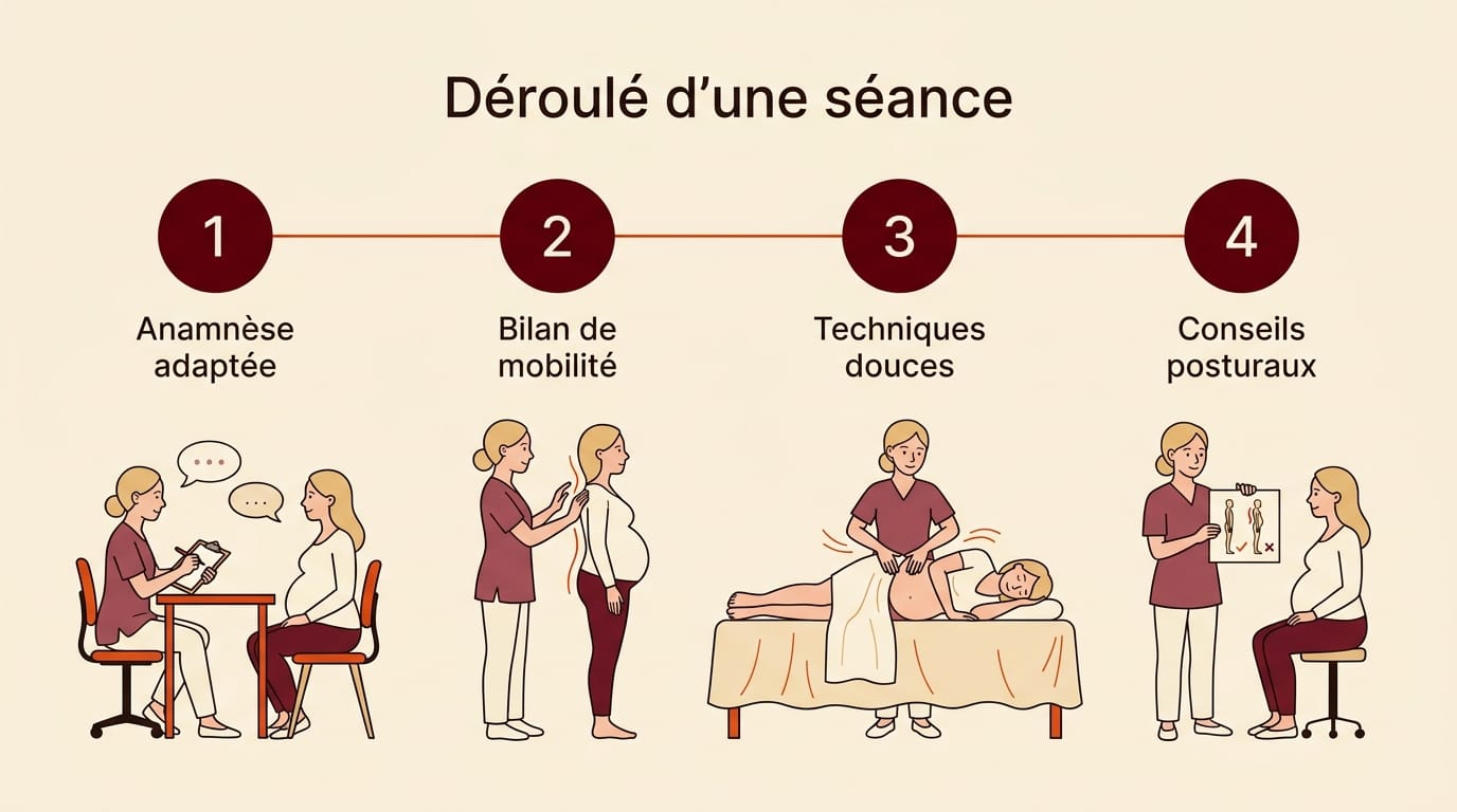 Infographie horizontale en français présentant les 4 étapes d'une séance d'ostéopathie pour femme enceinte : 1. Anamnèse adaptée, 2. Bilan de mobilité, 3. Techniques douces, 4. Conseils posturaux, frise chronologique avec cercles bordeaux numérotés et fil orange