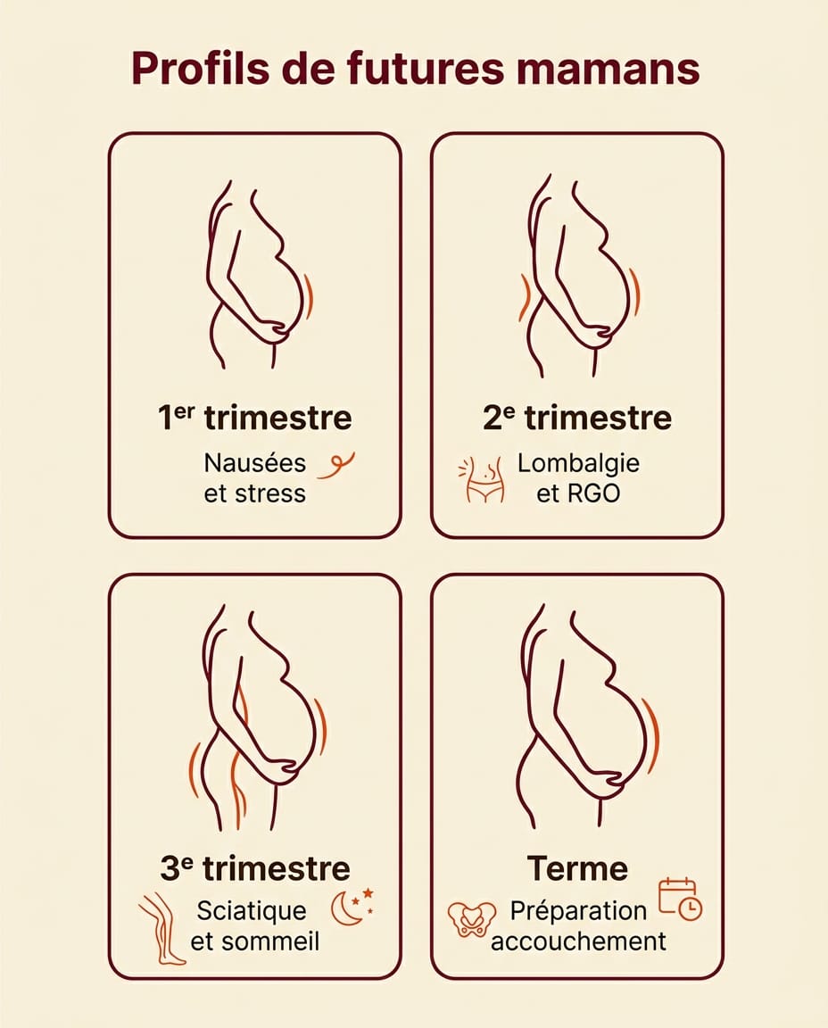Infographie verticale en français présentant 4 profils de patientes enceintes vues au cabinet Mia Stiel : 1er trimestre nausées et stress, 2e trimestre lombalgie et RGO, 3e trimestre sciatique et sommeil, terme préparation accouchement, grille 2x2 de cartes crème avec silhouettes ventre arrondi en line art bordeaux