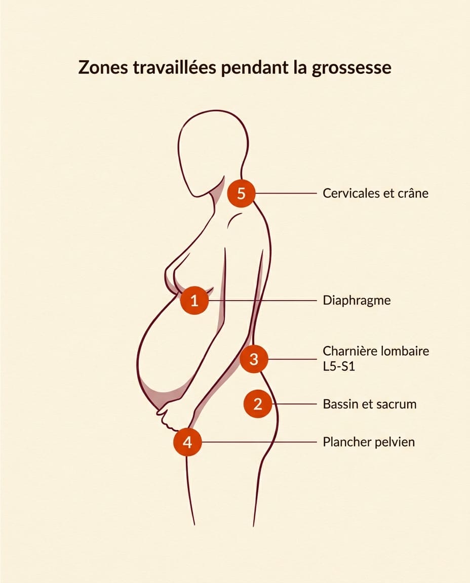 Infographie verticale en français présentant les 5 zones du corps travaillées par l'ostéopathe pendant la grossesse : diaphragme, bassin et sacrum, charnière lombaire L5-S1, plancher pelvien, cervicales et crâne, schéma de profil d'une femme enceinte stylisée avec points orange numérotés et libellés bordeaux