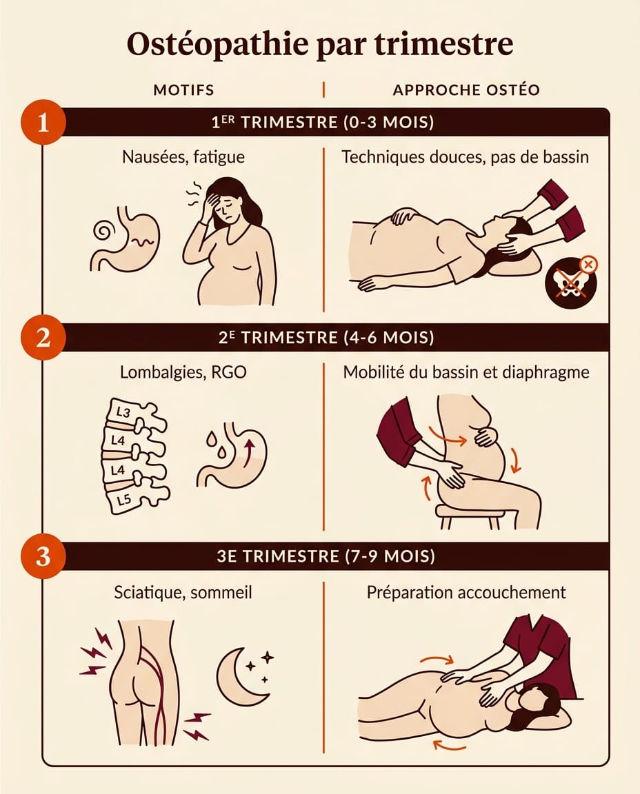 Infographie verticale en français structurée en 3 lignes par trimestre montrant le calendrier de l'ostéopathie pendant la grossesse, avec pour chaque trimestre les motifs de consultation et les techniques utilisées : 1er trimestre nausées et fatigue, 2e trimestre lombalgies et RGO, 3e trimestre sciatique et préparation à l'accouchement