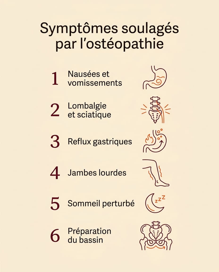Infographie verticale en français listant les 6 symptômes de grossesse les plus soulagés par l'ostéopathie : nausées et vomissements, lombalgie et sciatique, reflux gastriques, jambes lourdes, sommeil perturbé, préparation du bassin, chaque symptôme illustré par une icône éditoriale bordeaux et un libellé court en français