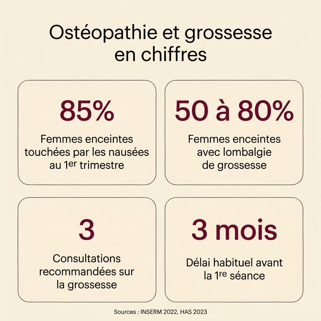 Infographie carrée présentant 4 chiffres-clés sur l'ostéopathie pendant la grossesse en 2026 : 85 % des femmes enceintes touchées par les nausées au 1er trimestre, 50 à 80 % avec une lombalgie de grossesse, 3 consultations recommandées sur la grossesse, et 3 mois comme délai habituel avant la première séance, disposition en grille 2x2 sur fond crème avec grands chiffres bordeaux et sources INSERM 2022 et HAS 2023