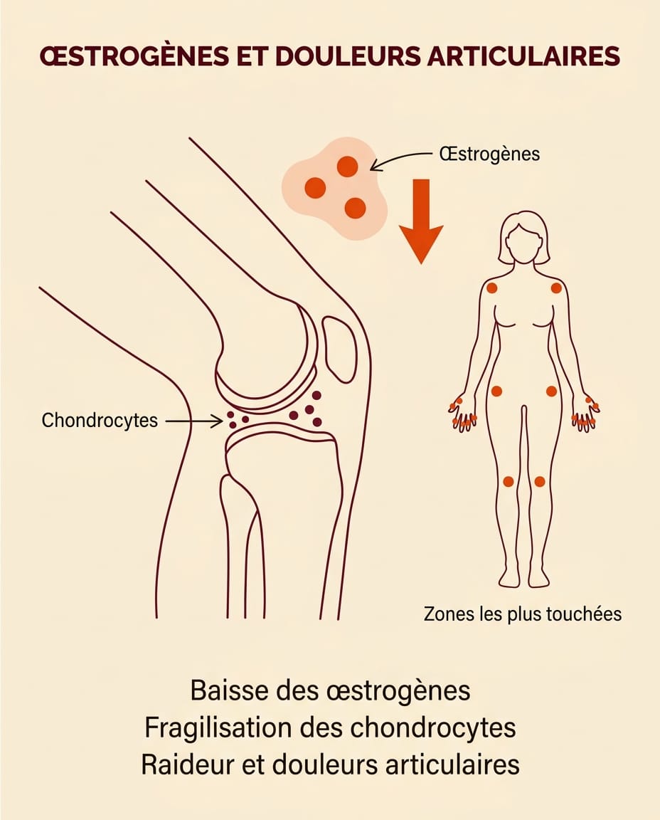 Infographie portrait en français expliquant le lien entre œstrogènes et douleurs articulaires : schéma anatomique d'une articulation simplifiée avec cartilage, chondrocytes représentés par des cellules stylisées, flèche bordeaux montrant la baisse œstrogénique, libellés ink en français pour Œstrogènes, Chondrocytes, Cartilage, Inflammation, légende synthétique en bas