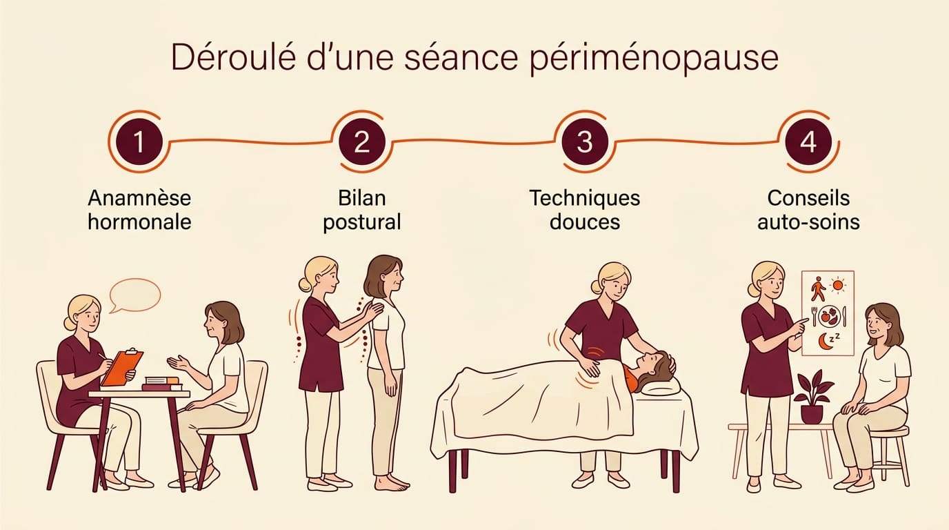 Infographie 16:9 en français montrant le déroulé d'une séance ostéo périménopause sur 4 étapes : ligne horizontale numérotée 1 à 4 sur fond crème, Anamnèse hormonale, Bilan postural, Techniques douces diaphragme crânien bassin, Conseils auto-soins, illustrations éditoriales bordeaux avec la praticienne blonde aux cheveux attachés en tunique bordeaux et patiente de 45 ans, ambiance calme du cabinet