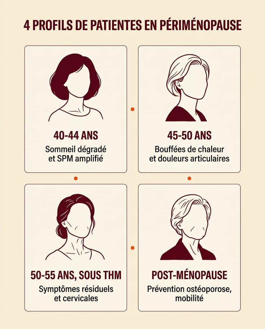 Infographie portrait en français présentant 4 profils de patientes reçues au cabinet pour la périménopause : grille 2x2 de cartes crème sur fond crème, silhouettes bordeaux stylisées, libellés ink en français "40-44 ans sommeil et SPM", "45-50 ans bouffées et articulations", "50-55 ans sous THM", "55+ post-ménopause", chaque carte avec un brief descriptif court de l'approche ostéo associée