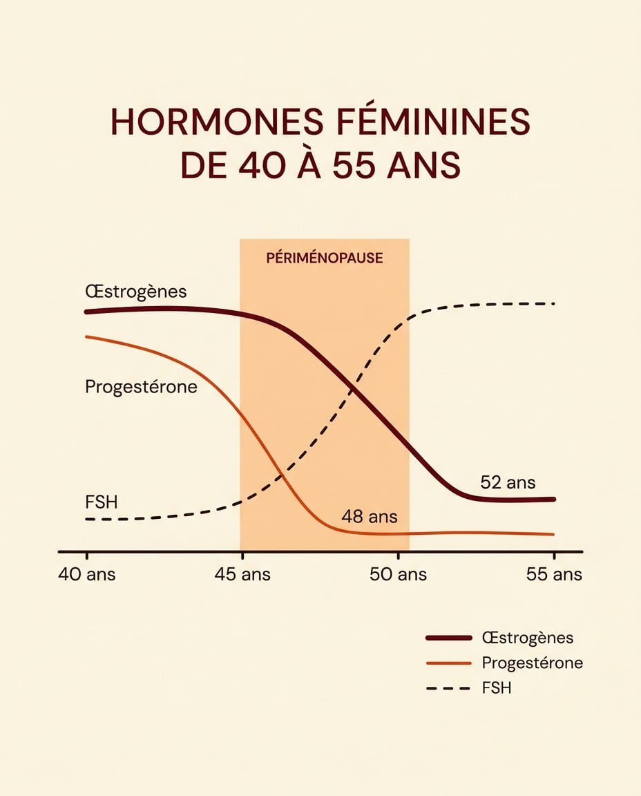 Infographie portrait en français montrant l'évolution des hormones sur la périménopause : courbes œstrogènes et progestérone qui chutent entre 40 et 55 ans, ligne FSH qui monte, sur fond crème avec axes ink, courbes bordeaux et orange, labels en français Œstrogènes Progestérone FSH, schéma anatomique simple et lisible