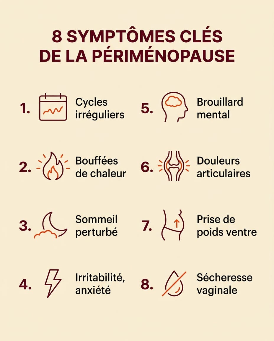 Infographie portrait en français listant les 8 symptômes clés de la périménopause : 8 items numérotés sur fond crème avec icônes bordeaux schématiques pour cycles irréguliers, bouffées de chaleur, troubles du sommeil, irritabilité, brouillard mental, douleurs articulaires, prise de poids ventre, sécheresse vaginale, libellés ink en français, typographie éditoriale claire