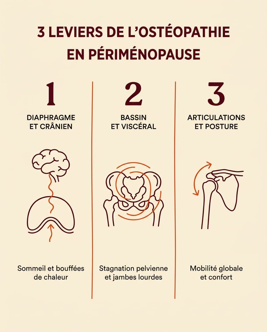 Infographie portrait en français présentant les 3 leviers ostéopathiques sur la périménopause : trois colonnes sur fond crème, en-têtes bordeaux numérotés 1-2-3, libellés ink "Diaphragme et crânien", "Bassin et viscéral", "Articulations et posture" avec icônes bordeaux schématiques, brefs descriptifs en français sous chaque colonne