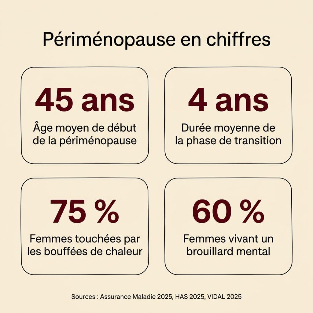 Infographie carrée en français présentant 4 chiffres-clés sur le dérèglement hormonal de la périménopause : 45 ans âge moyen de début, 4 ans durée moyenne, 75 % de femmes touchées par les bouffées de chaleur, 60 % par le brain fog, disposition en grille 2x2 sur fond crème avec grands chiffres bordeaux et libellés ink en français, sources HAS et INSERM 2025