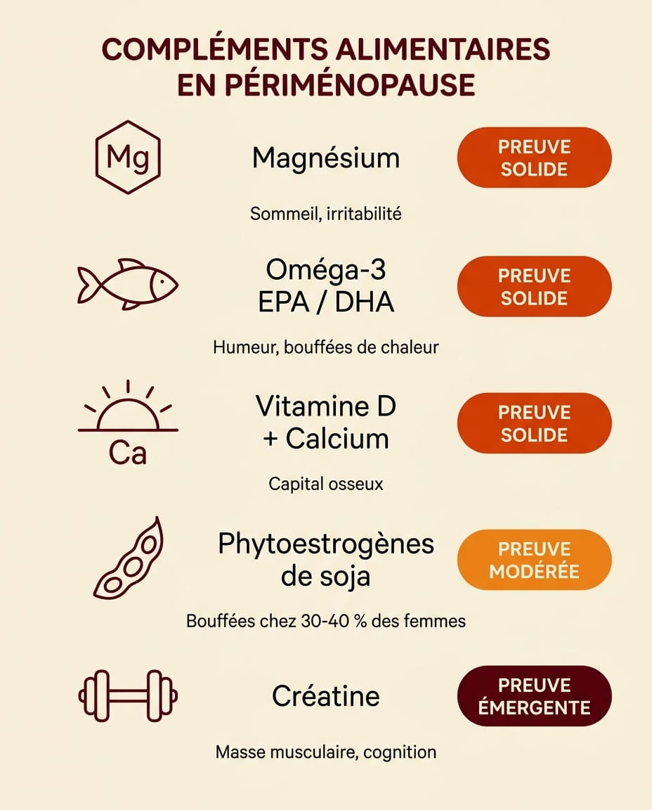Infographie portrait en français comparant 5 compléments alimentaires de la périménopause : 5 cartes verticales sur fond crème avec icônes bordeaux schématiques pour magnésium, oméga-3 EPA DHA, vitamine D et calcium, phytoestrogènes de soja, créatine, libellés ink en français avec niveau de preuve étoilé, recommandations courtes par carte