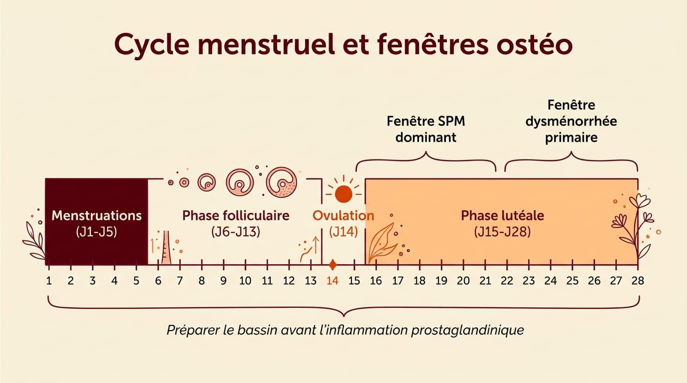 Infographie 16:9 en français montrant un calendrier de cycle menstruel sur 4 phases : ligne horizontale graduée en jours 1 à 28 sur fond crème, 4 zones colorées en bordeaux et orange pour Menstruations (jours 1-5), Folliculaire (6-13), Ovulation (14), Lutéale (15-28), avec annotations ink en français indiquant les fenêtres ostéopathiques recommandées selon le profil patiente