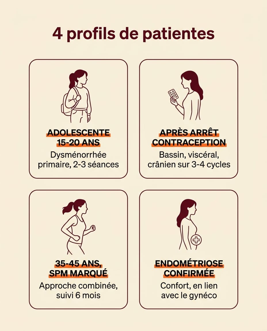Infographie portrait en français présentant 4 profils de patientes reçues au cabinet pour le cycle féminin : grille 2x2 de cartes crème sur fond crème, silhouettes bordeaux stylisées, libellés ink en français "Adolescente 15-20 ans", "Jeune femme arrêt pilule", "Femme 35-45 ans SPM", "Suspicion endométriose", chaque carte avec un brief descriptif court de l'approche ostéo associée