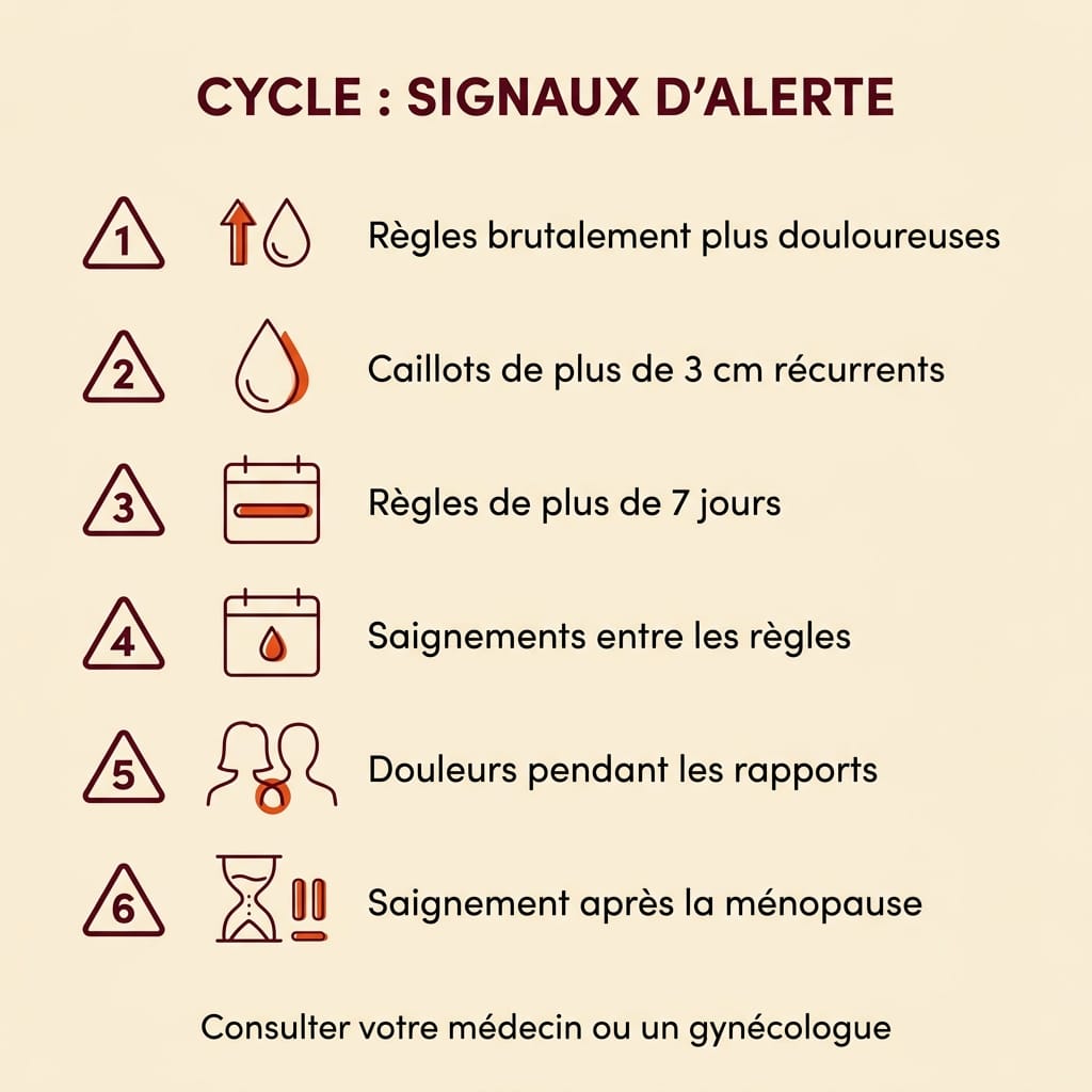 Infographie carrée en français listant 6 signaux d'alerte autour du cycle menstruel imposant une consultation médicale prioritaire : 6 items numérotés sur fond crème avec petits triangles d'avertissement bordeaux et libellés ink en français "Règles brutalement plus douloureuses", "Caillots de plus de 3 cm récurrents", "Règles de plus de 7 jours", "Saignements entre les règles", "Douleurs pendant les rapports", "Saignement après la ménopause", typographie éditoriale claire