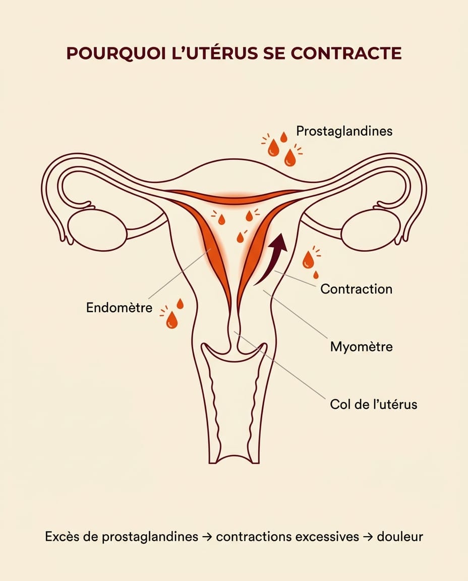 Infographie portrait en français montrant le mécanisme de la dysménorrhée : un utérus stylisé sur fond crème avec flèches bordeaux indiquant les contractions du myomètre, étiquettes ink en français pour "Endomètre", "Myomètre", "Prostaglandines" et "Contractions utérines", schéma anatomique simple et lisible avec légendes courtes