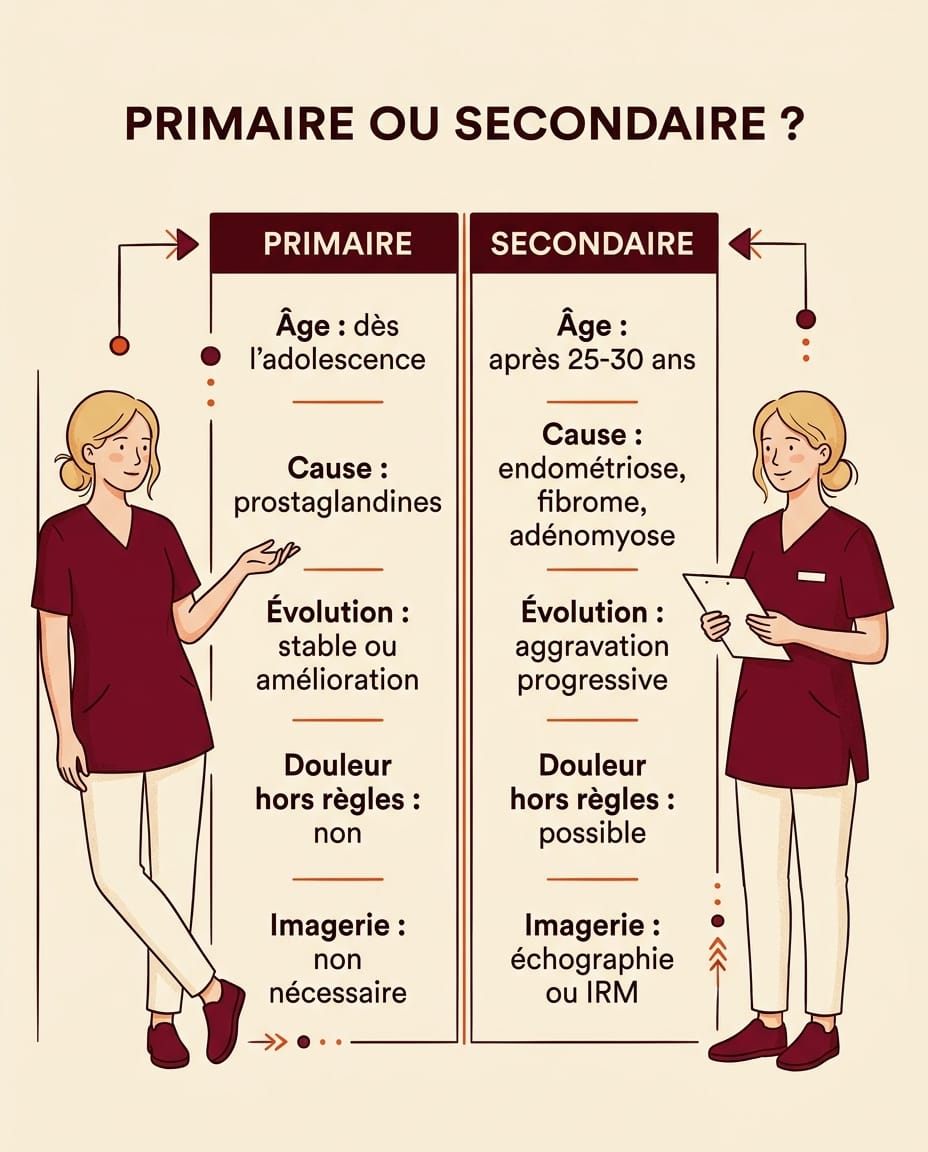 Infographie portrait en français comparant dysménorrhée primaire et secondaire : tableau à 2 colonnes sur fond crème, en-têtes bordeaux "DYSMÉNORRHÉE PRIMAIRE" et "DYSMÉNORRHÉE SECONDAIRE", critères ink en français pour Âge d'apparition, Cause, Évolution, Douleur hors règles, Quand consulter, présentation éditoriale épurée