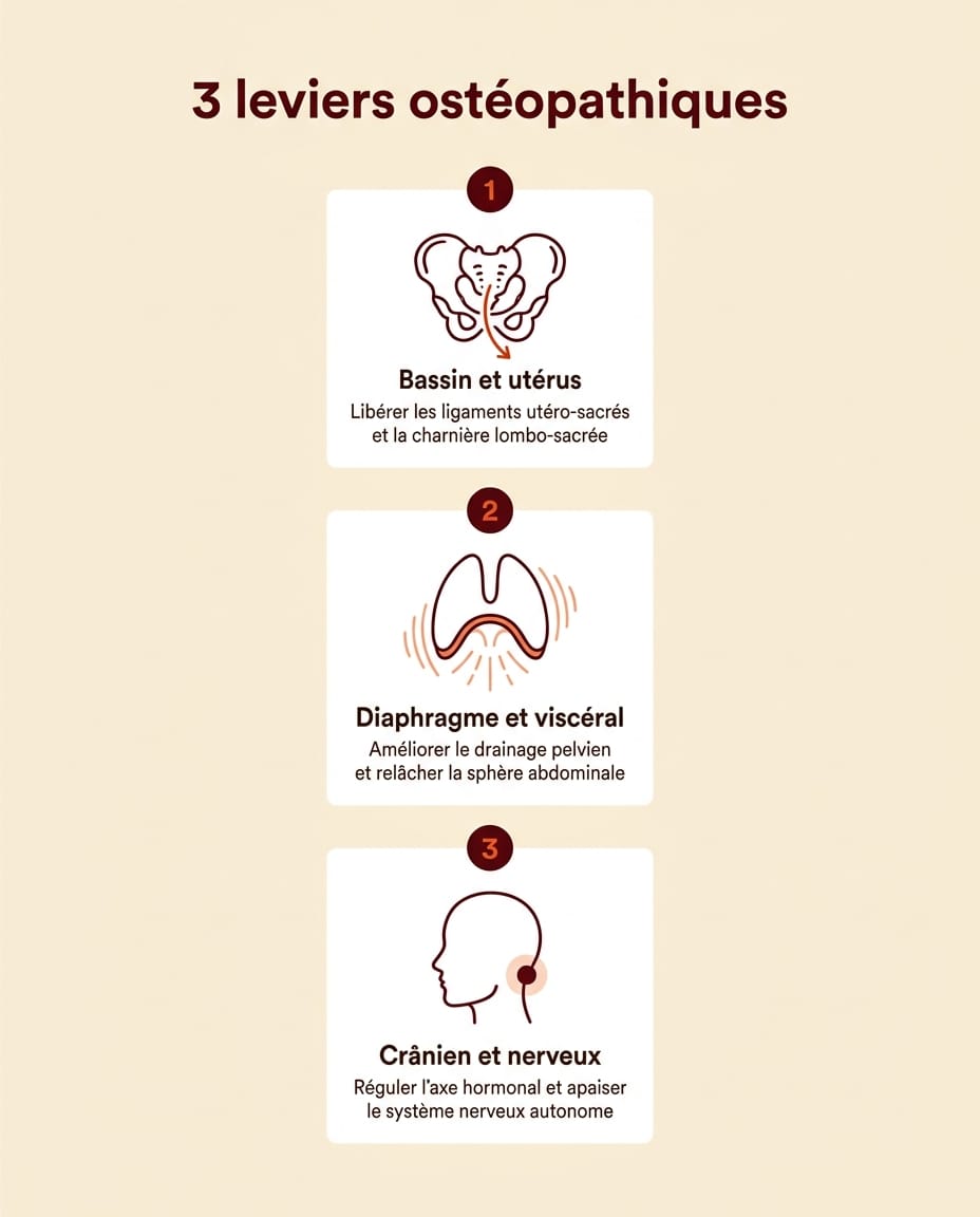Infographie portrait en français présentant les 3 leviers ostéopathiques sur les règles douloureuses : trois colonnes sur fond crème, en-têtes bordeaux numérotés 1-2-3, libellés ink "Bassin et utérus", "Diaphragme et viscéral", "Crânien et nerveux" avec icônes bordeaux schématiques, brefs descriptifs en français sous chaque colonne