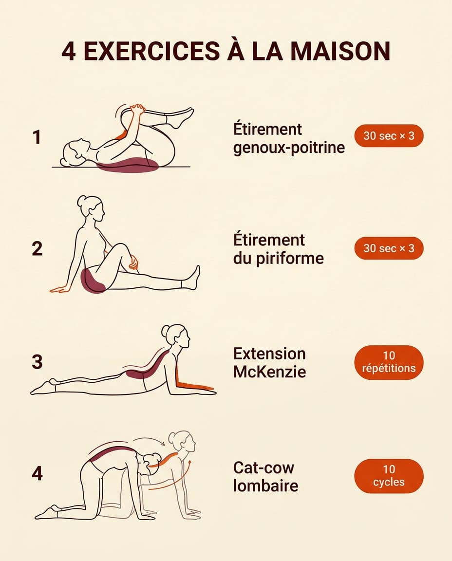 Infographie en français présentant 4 exercices à faire à la maison entre deux séances d'ostéopathie pour soulager la sciatique : étirement genoux-poitrine, étirement du piriforme, extension McKenzie, cat-cow lombaire — illustrations bordeaux des positions et badges orange avec durées recommandées