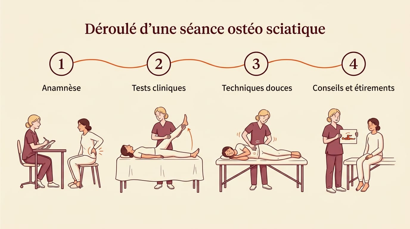 Infographie en français présentant les 4 étapes d'une séance d'ostéopathie pour la sciatique : anamnèse, tests cliniques (Lasègue), techniques douces sur le bassin et les lombaires, conseils et étirements — chronologie horizontale avec scènes illustrées d'une praticienne blonde et de sa patiente
