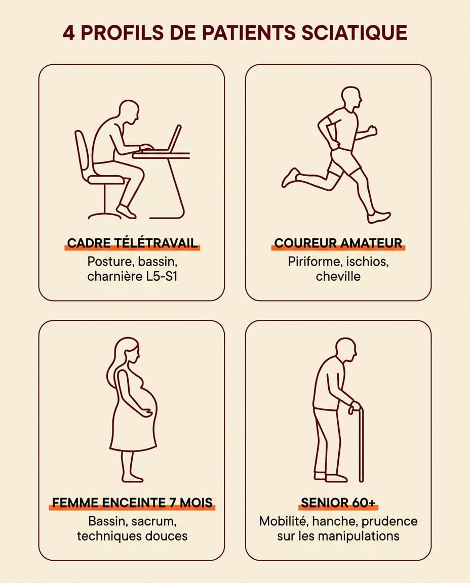 Infographie en français présentant 4 profils de patients qui consultent pour une sciatique : cadre télétravail, coureur amateur, femme enceinte au 7e mois, senior 60+ — grille 2x2 de cartes crème avec silhouettes bordeaux et approche thérapeutique pour chaque profil