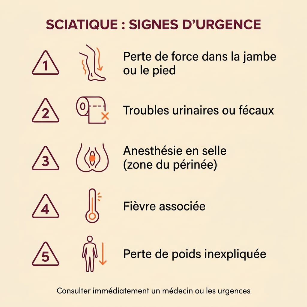 Infographie carrée en français listant les 5 signes d'urgence d'une sciatique qui imposent une consultation médicale immédiate avant tout ostéo : perte de force dans la jambe, troubles urinaires ou fécaux, anesthésie en selle, fièvre, perte de poids inexpliquée — liste verticale numérotée sur fond crème avec triangles d'avertissement bordeaux