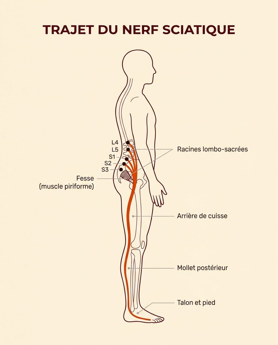 Infographie en français montrant le trajet anatomique du nerf sciatique sur une silhouette de profil : depuis les racines lombo-sacrées L4-L5-S1-S2-S3 jusqu'au pied, en passant par la fesse, l'arrière de la cuisse, le mollet et le talon, avec annotations bordeaux des cinq zones-clés