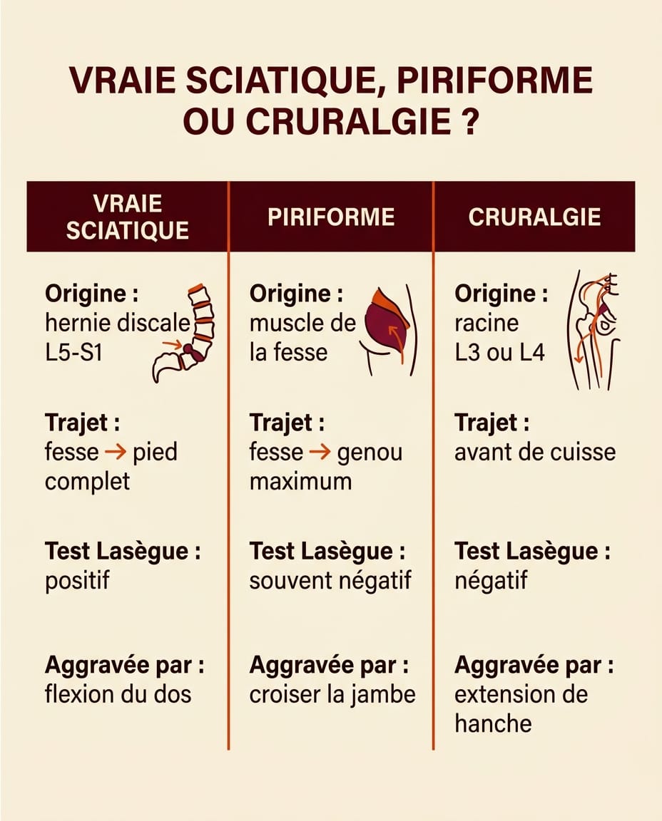 Infographie en français comparant trois syndromes douloureux confondus avec la sciatique : la vraie sciatique, le syndrome du piriforme et la cruralgie — tableau à 3 colonnes sur fond crème avec en-têtes bordeaux et critères ink (origine, trajet, test de Lasègue, mouvement aggravant)