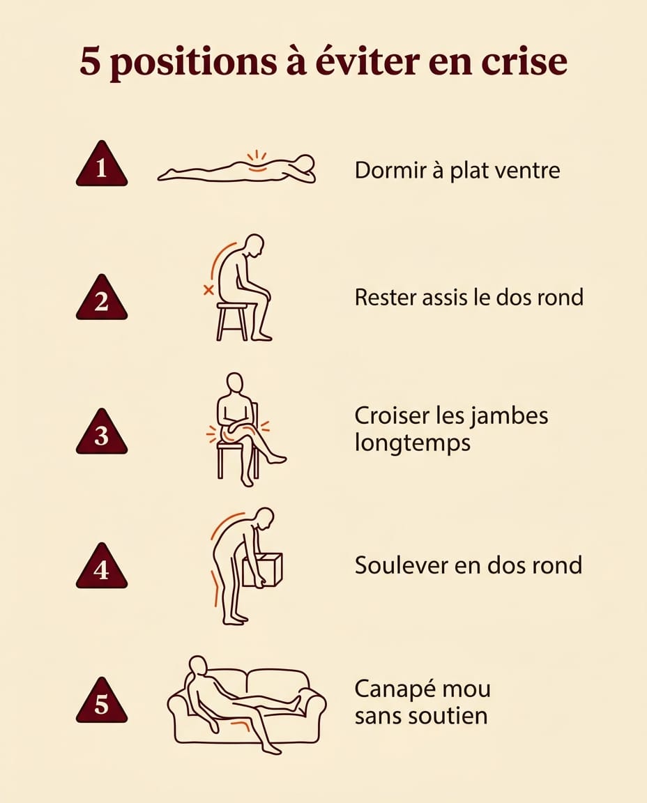 Infographie en français listant les 5 positions à éviter absolument en crise de sciatique : dormir sur le ventre, rester assis le dos rond, croiser les jambes longtemps, soulever en dos rond, canapé mou sans soutien — liste verticale numérotée avec triangles d'avertissement bordeaux et icônes de posture