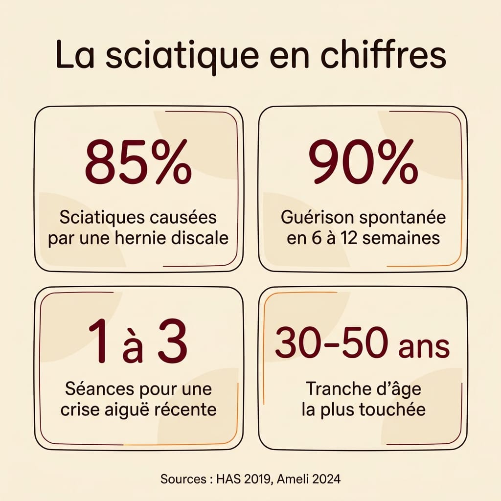 Infographie carrée en français présentant 4 chiffres-clés sur la sciatique : 85 % des sciatiques causées par une hernie discale, 90 % de guérison spontanée en 6 à 12 semaines, 1 à 3 séances pour une crise aiguë récente, tranche d'âge 30-50 ans la plus touchée — disposition en grille 2x2 sur fond crème avec grands chiffres bordeaux