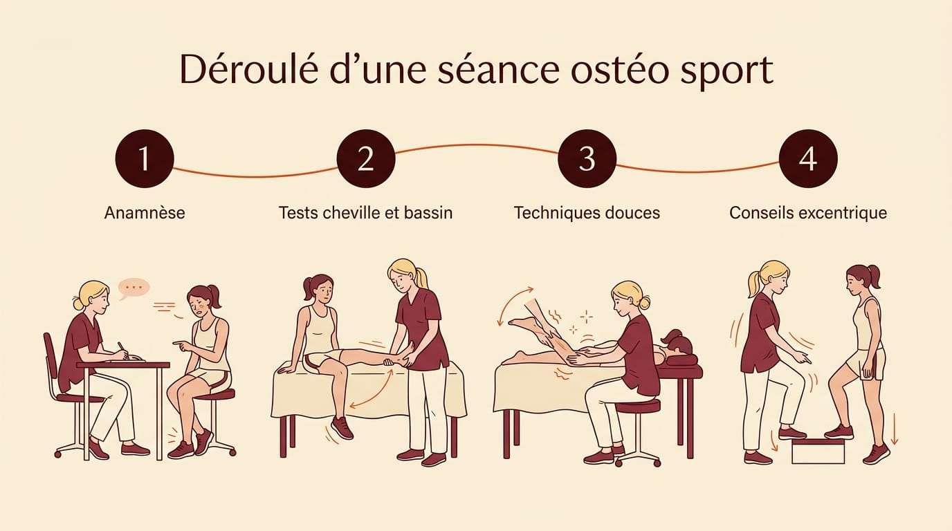 Infographie 16:9 en français montrant le déroulé d'une séance ostéopathie sport pour tendinite d'Achille en quatre étapes numérotées : 1 Anamnèse et bilan postural, 2 Tests de mobilité cheville bassin, 3 Techniques douces tissulaires, 4 Conseils excentrique et reprise, avec quatre petites scènes éditoriales montrant la praticienne blonde aux cheveux attachés et en tunique bordeaux qui réalise chaque étape avec la patiente, fond crème, traits bordeaux fins, accents orange