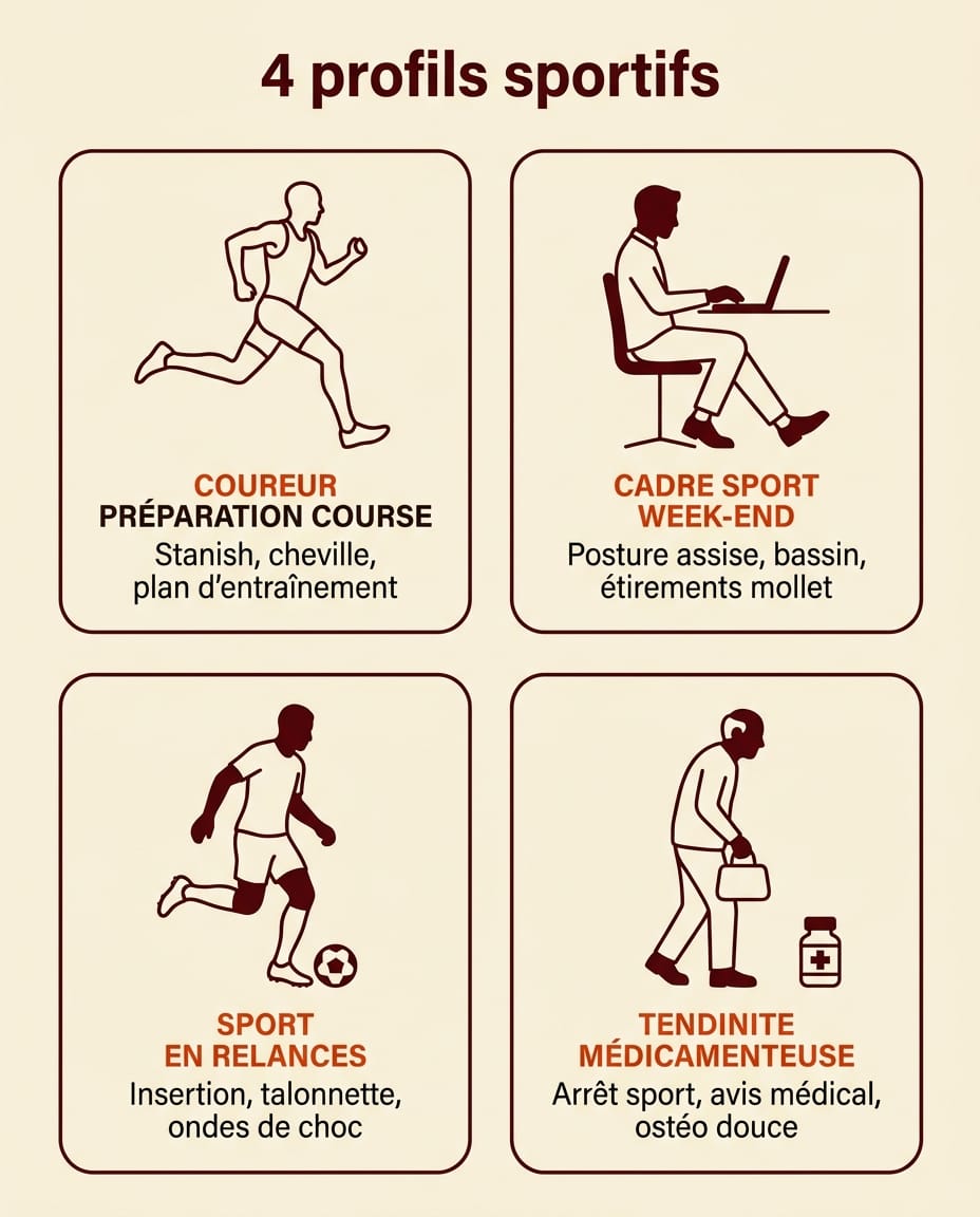 Infographie portrait en français présentant quatre profils sportifs de patients vus en cabinet pour tendinopathie : Coureur préparation course, Cadre sport week-end, Sport en relances, Tendinite médicamenteuse, disposition en grille 2x2 sur fond crème avec silhouettes bordeaux et libellés ink