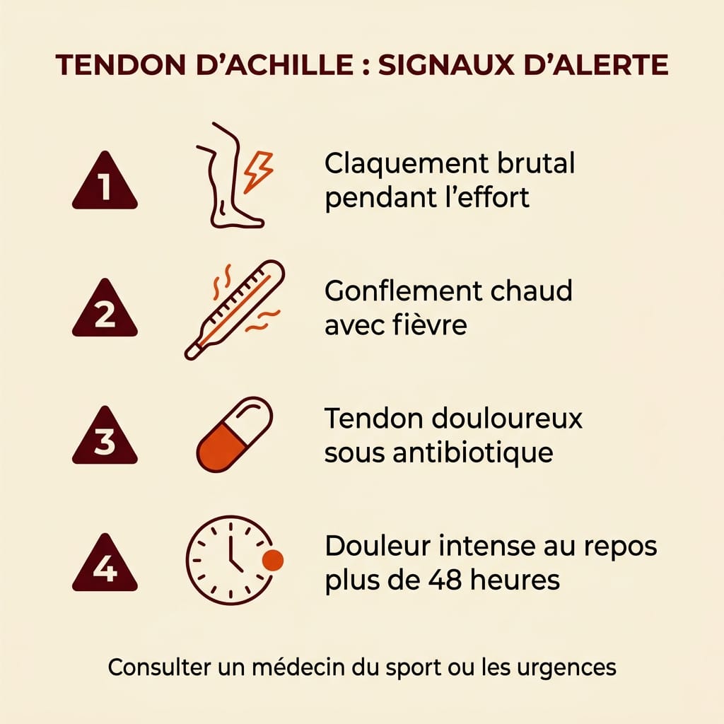 Infographie carrée en français listant les quatre signaux d'alerte du tendon d'Achille qui imposent une consultation médicale urgente : claquement brutal pendant l'effort, gonflement chaud avec fièvre, tendon douloureux sous antibiotique, douleur intense au repos plus de 48 heures, avec triangles d'avertissement bordeaux numérotés et libellés ink en français sur fond crème