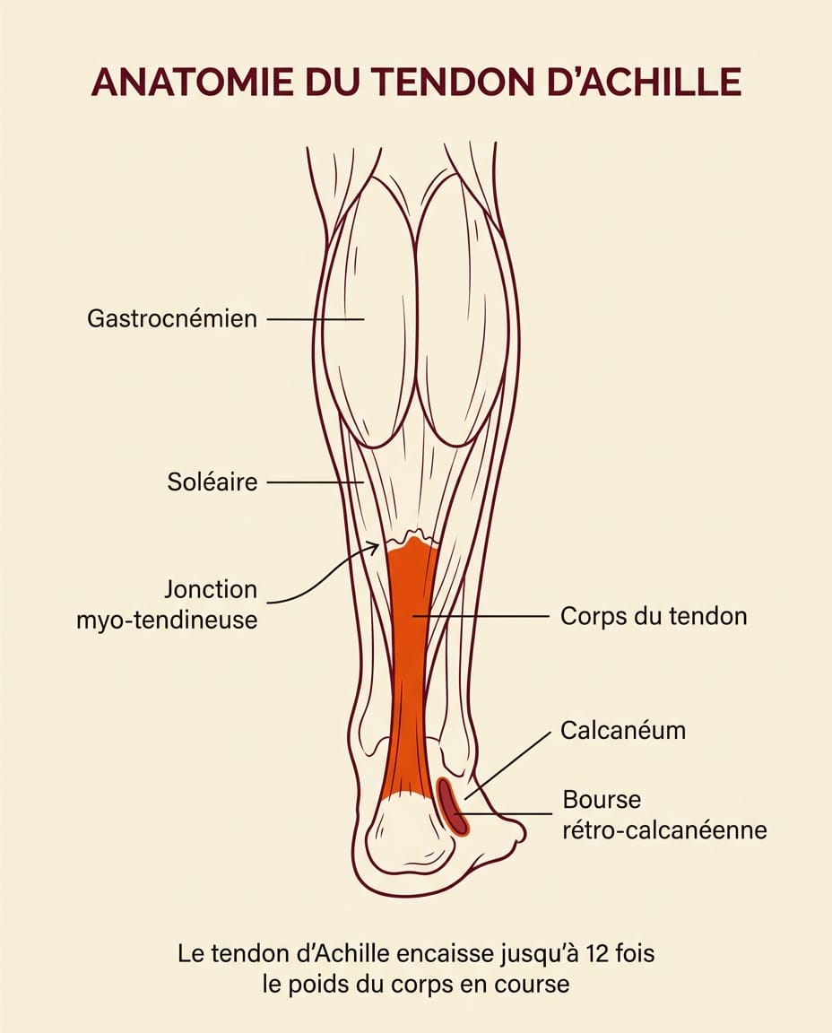 Infographie portrait en français montrant l'anatomie du tendon d'Achille en vue postérieure : muscle gastrocnémien en haut, muscle soléaire en dessous, jonction myo-tendineuse, corps du tendon d'Achille, insertion sur le calcanéum, bourse rétro-calcanéenne, avec étiquettes ink en français pour chaque structure, schéma anatomique simple et lisible sur fond crème