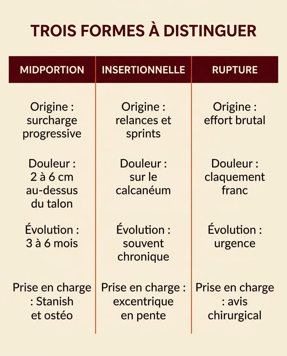 Infographie portrait en français comparant les trois formes principales de tendinopathie d'Achille en trois colonnes : portion moyenne midportion, insertionnelle, rupture, avec pour chaque colonne des lignes courtes Origine, Douleur, Évolution et Prise en charge, fond crème en-têtes bordeaux et libellés ink, séparateurs orange
