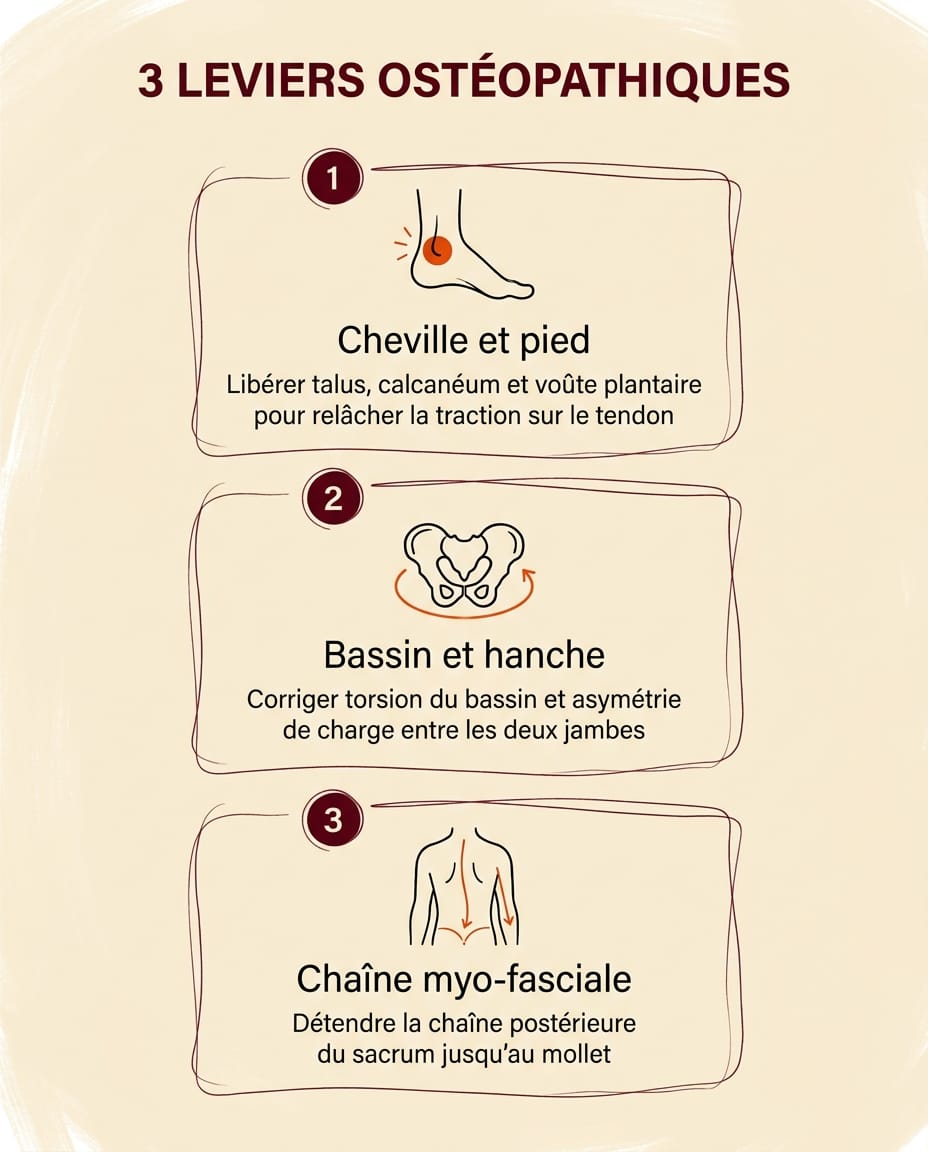 Infographie portrait en français présentant les 3 leviers ostéopathiques sur la tendinite d'Achille en trois cartes numérotées verticalement : 1 Cheville et pied, 2 Bassin et hanche, 3 Chaîne myo-fasciale et diaphragme, chaque carte avec un cercle numéroté bordeaux, une icône bordeaux sobre, un titre court ink et deux lignes de description en français, fond crème