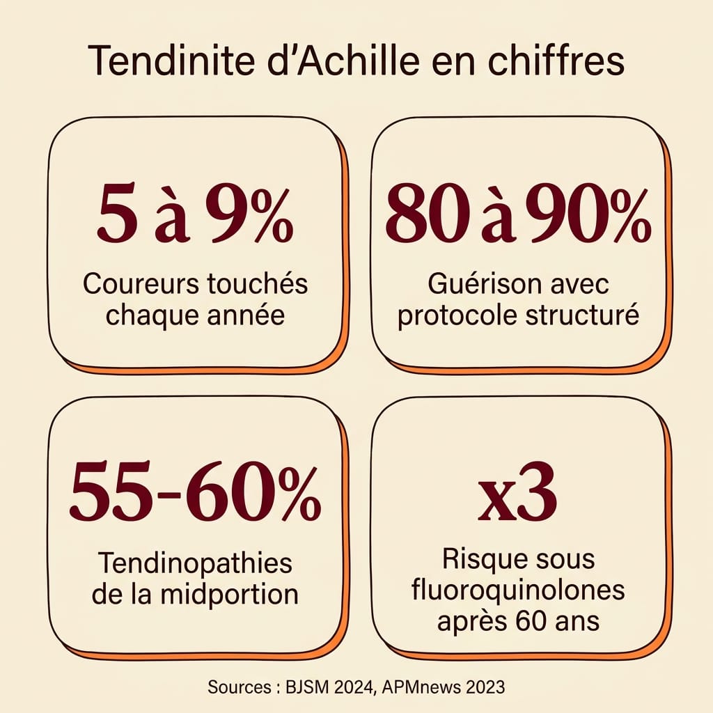 Infographie carrée en français présentant quatre chiffres-clés sur la tendinite du tendon d'Achille : 5 à 9 pour cent des coureurs touchés chaque année, 80 à 90 pour cent de guérison sans chirurgie avec un protocole structuré, 55 à 60 pour cent de tendinopathies de la portion moyenne, multiplication par 3 du risque sous fluoroquinolones après 60 ans, disposition en grille 2x2 sur fond crème avec grands chiffres bordeaux et libellés ink en français