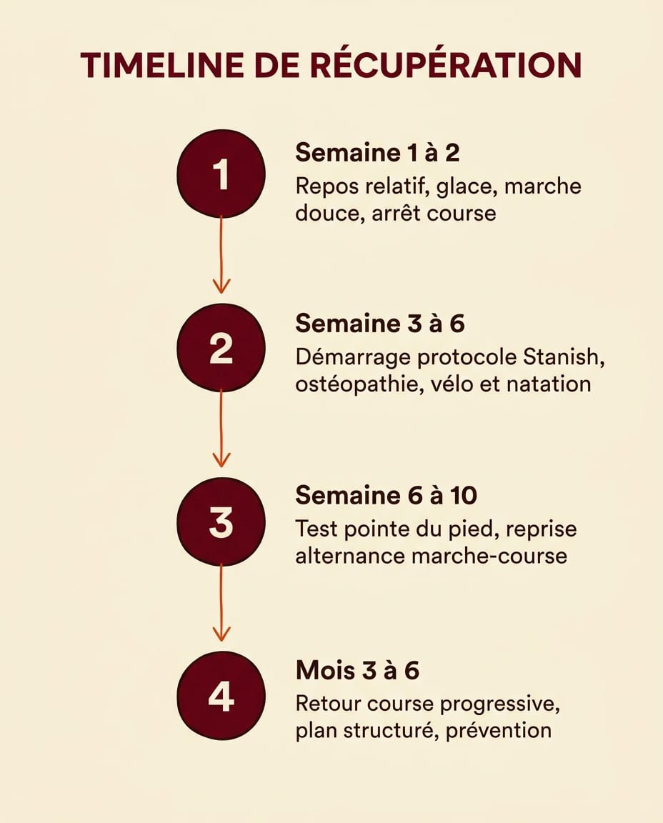 Infographie portrait en français présentant la timeline de récupération d'une tendinite d'Achille en quatre étapes verticales numérotées : 1 Semaine 1 à 2 repos relatif, 2 Semaine 3 à 6 protocole Stanish et ostéopathie, 3 Semaine 6 à 10 reprise alternance marche-course, 4 Mois 3 à 6 retour course progressive, sur fond crème avec cercles bordeaux numérotés et libellés ink