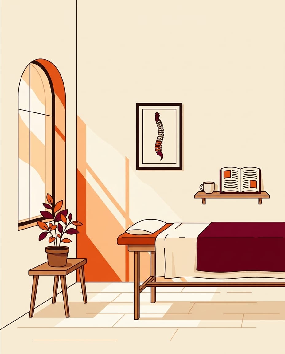 Illustration éditoriale d'un cabinet d'ostéopathie calme à Lyon 3 Part-Dieu : table de soin avec linge crème, fenêtre douce, plante et estampe anatomique encadrée, atmosphère feutrée et accueillante