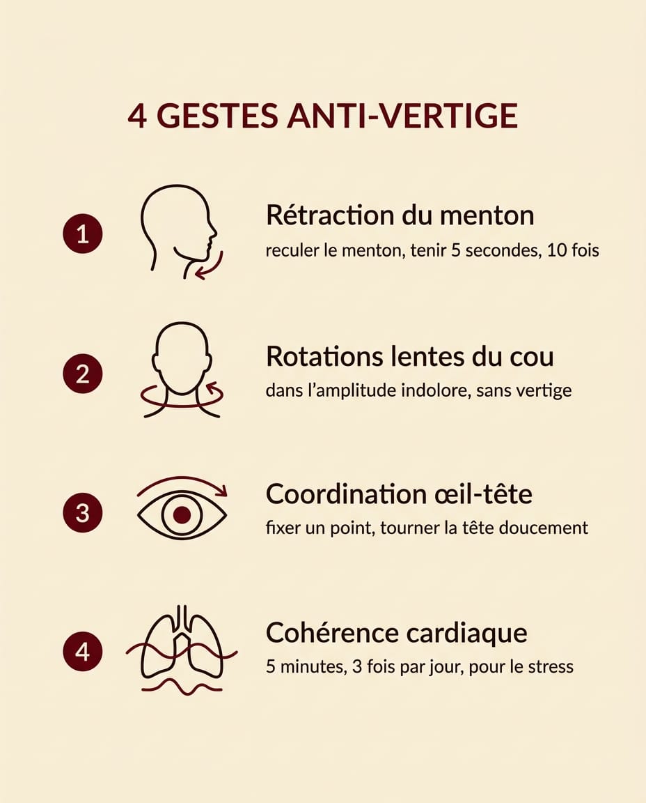 Infographie portrait en français présentant 4 gestes anti-vertige cervical à faire chez soi : 1 rétraction du menton dix répétitions, 2 rotations lentes du cou dans l'amplitude indolore, 3 coordination œil-tête en fixant un point, 4 cohérence cardiaque cinq minutes, liste numérotée sur fond crème avec icônes line-art bordeaux et badges orange, labels ink en français