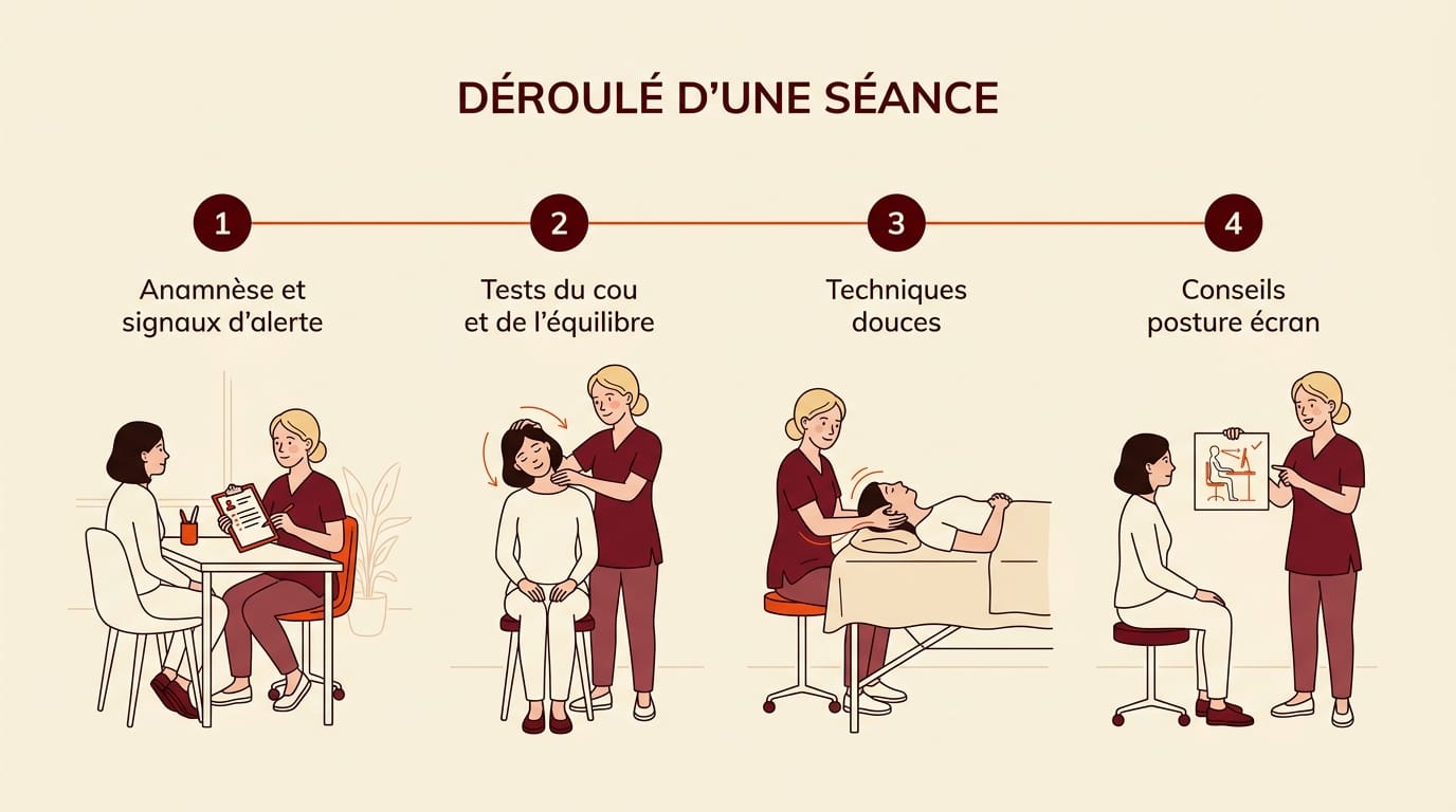 Infographie 16:9 en français montrant le déroulé d'une séance d'ostéopathie pour cervicalgie et vertiges en 4 étapes numérotées : 1 anamnèse et recherche des signaux d'alerte, 2 tests de mobilité du cou et de l'équilibre, 3 techniques douces cervicales crâniennes et diaphragmatiques, 4 conseils posture écran et exercices, illustrations éditoriales d'une praticienne blonde en tunique bordeaux avec une patiente sur fond crème