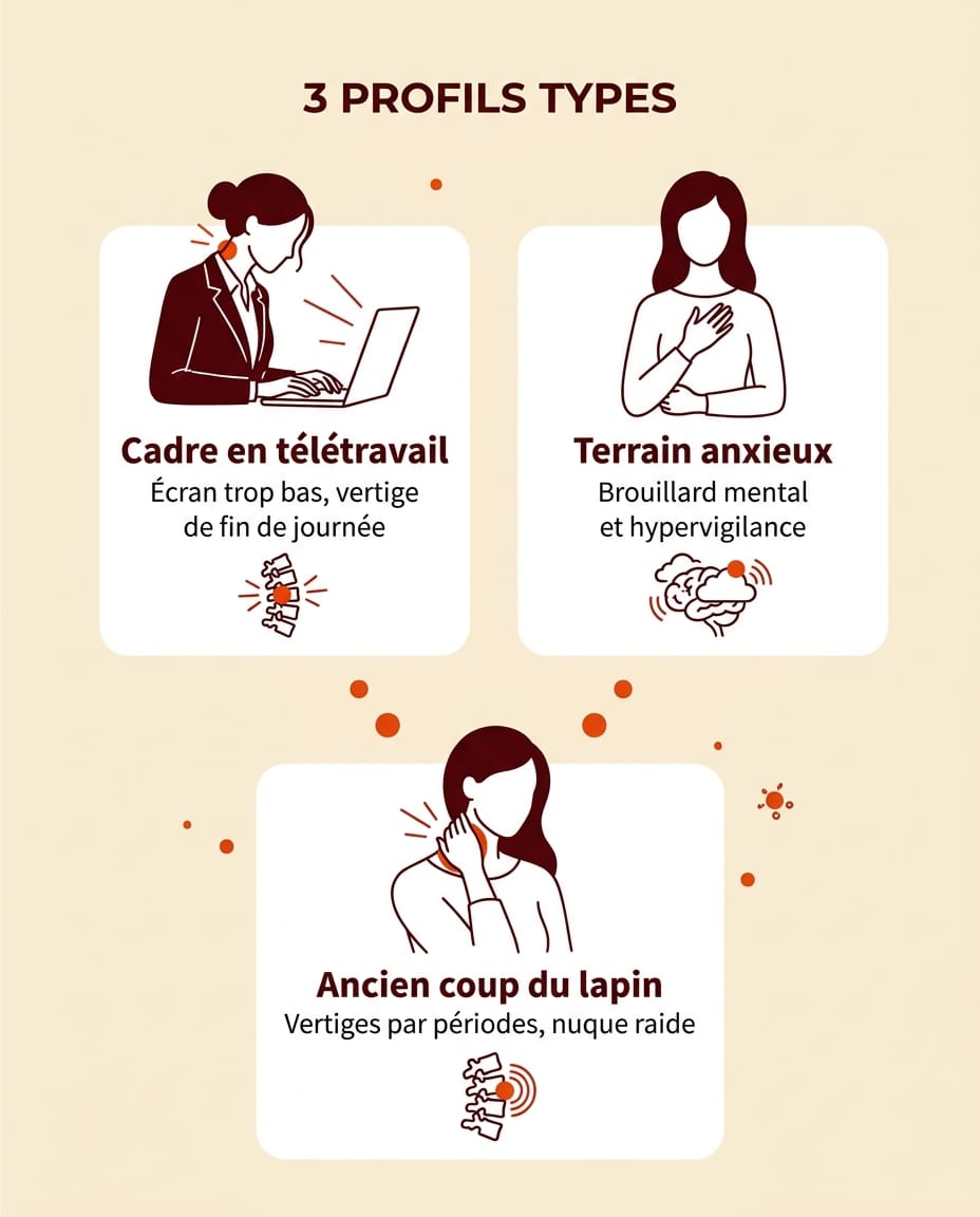Infographie portrait en français présentant trois profils de patients vus au cabinet pour cervicalgie et vertiges : 1 cadre télétravail avec écran trop bas et vertige de fin de journée, 2 terrain anxieux avec brouillard et hypervigilance, 3 ancien coup du lapin avec vertiges par périodes, trois cartes verticales sur fond crème avec silhouettes bordeaux sans traits du visage et descriptions ink en français