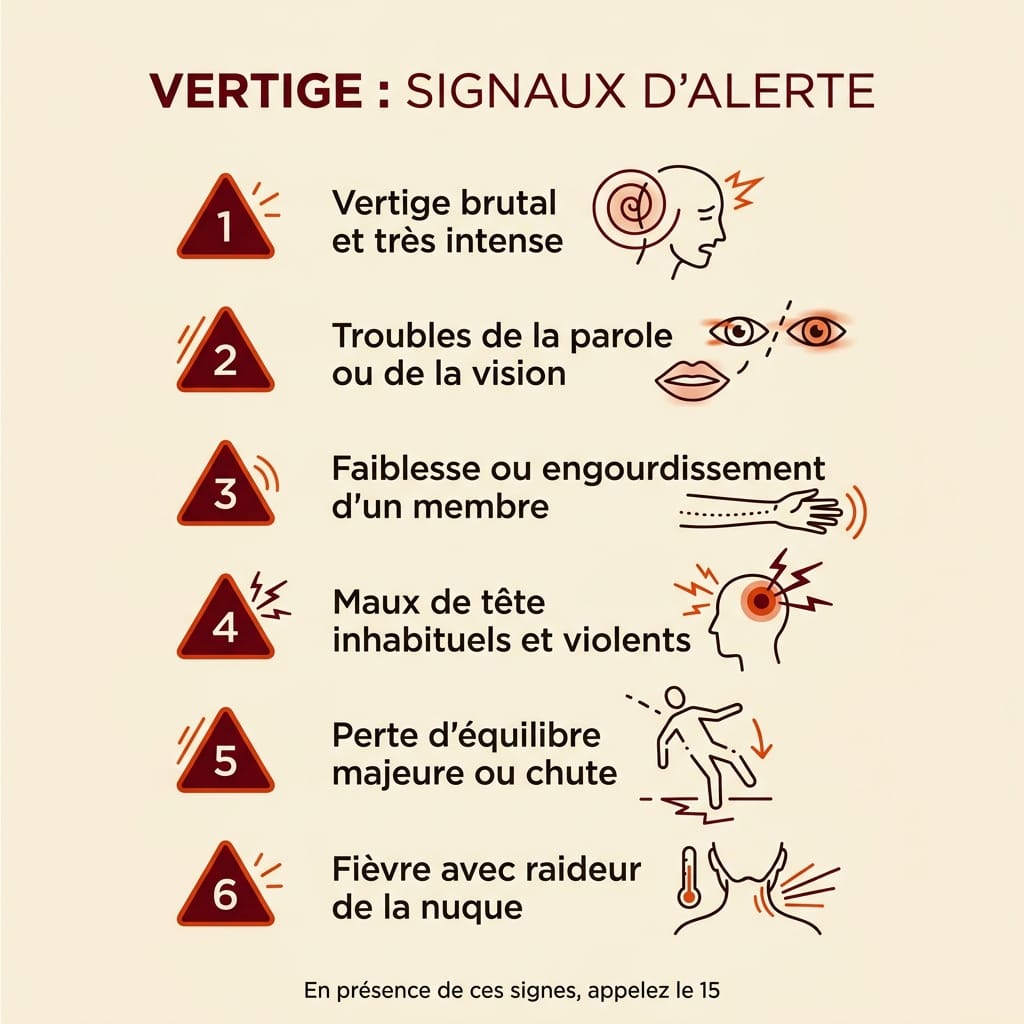 Infographie carrée en français listant 6 signaux d'alerte à reconnaître devant un vertige : 1 vertige brutal et très intense, 2 troubles de la parole ou de la vision, 3 faiblesse ou engourdissement d'un membre, 4 maux de tête inhabituels et violents, 5 perte d'équilibre majeure ou chute, 6 fièvre avec raideur de nuque, liste numérotée sur fond crème avec triangles d'alerte bordeaux et icônes line-art, texte en français