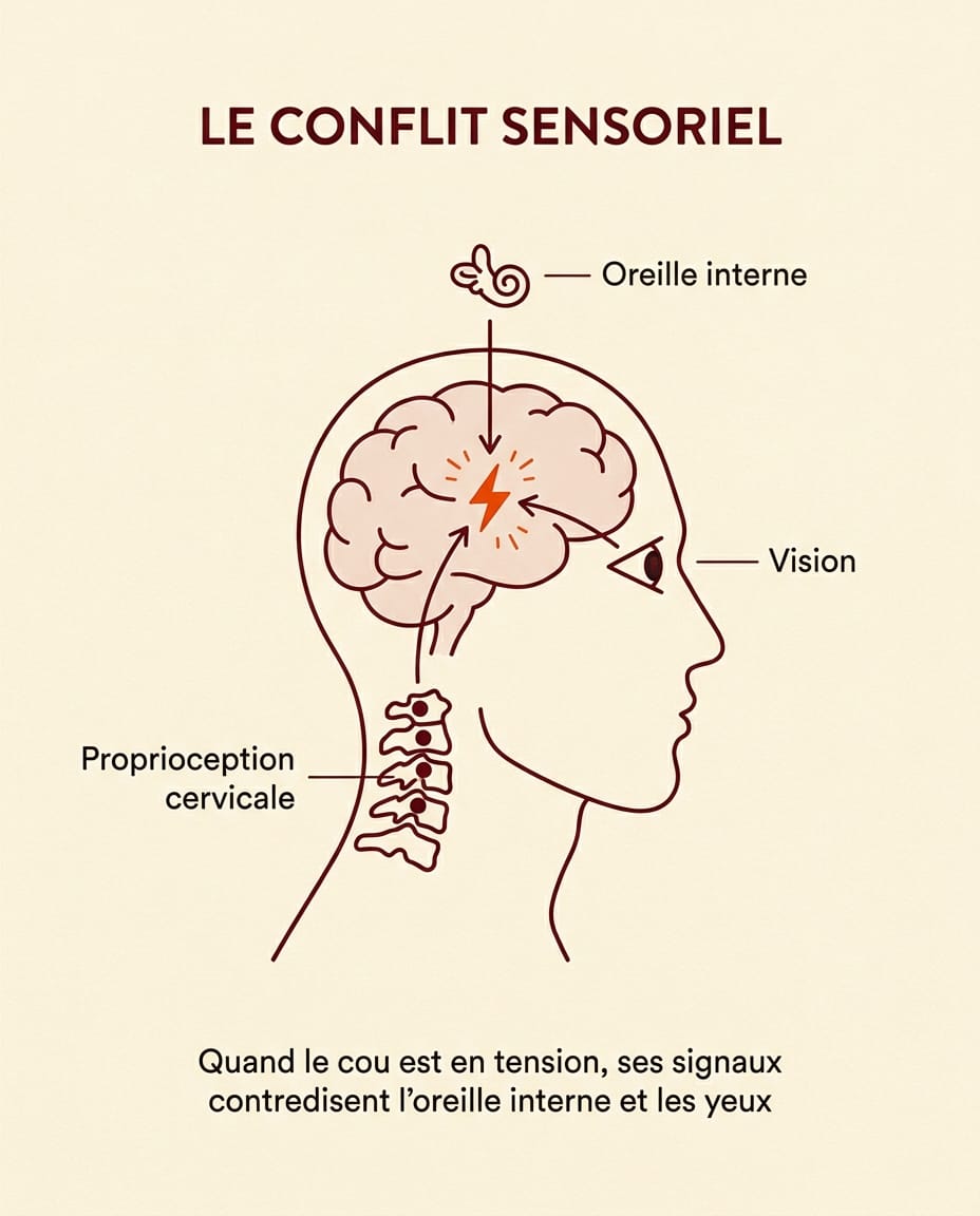 Infographie portrait en français illustrant le conflit sensoriel cervico-vestibulaire : une silhouette de tête et cou vue de profil avec trois sources d'équilibre reliées au cerveau, oreille interne en haut, yeux à l'avant, capteurs du cou cervical supérieur à l'arrière, flèches bordeaux convergentes et un éclair orange signalant le conflit quand le cou est en tension, labels ink en français oreille interne, vision, proprioception cervicale, schéma simple et lisible sur fond crème