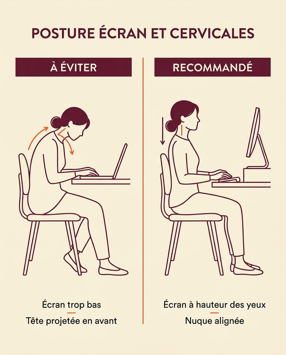 Infographie portrait en français comparant deux postures devant l'écran : à gauche posture incorrecte avec ordinateur portable bas, tête projetée en avant, angle de la nuque marqué en orange et mention text neck, à droite posture corrigée avec écran à hauteur des yeux, dos soutenu, nuque alignée en bordeaux, labels ink en français pour écran trop bas, tête en avant, écran à hauteur des yeux, nuque alignée, illustration éditoriale claire sur fond crème