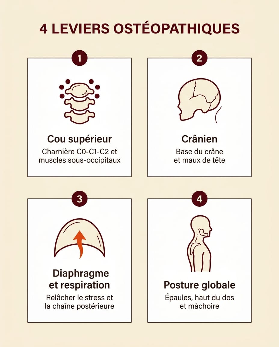 Infographie portrait en français présentant les quatre leviers ostéopathiques sur une cervicalgie avec vertiges : 1 cou supérieur charnière C0 C1 C2 et muscles sous-occipitaux, 2 crânien et base du crâne pour les maux de tête, 3 diaphragme et respiration pour le stress, 4 posture globale épaules dos et mâchoire, quatre cartes verticales sur fond crème avec icônes line-art bordeaux et descriptions ink en français