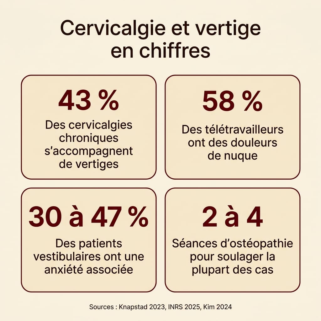 Infographie carrée en français présentant quatre chiffres-clés sur le lien entre cervicalgie et vertige : 43 pour cent des cervicalgies chroniques avec vertiges, 58 pour cent des télétravailleurs avec douleurs de nuque, 30 à 47 pour cent des patients vestibulaires avec anxiété associée, 2 à 4 séances d'ostéopathie pour soulager la plupart des cas, disposition en grille 2x2 sur fond crème avec grands chiffres bordeaux et libellés ink en français