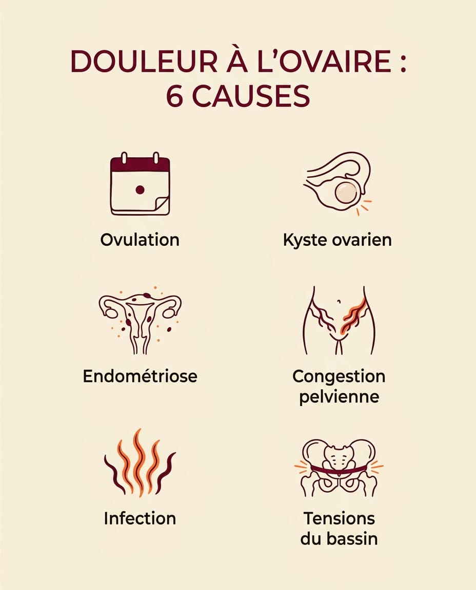 Infographie listant les causes possibles d'une douleur à l'ovaire : ovulation, kyste, endométriose, congestion pelvienne, en français