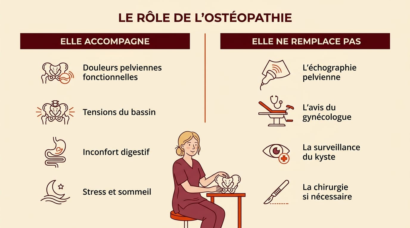 Infographie présentant le rôle de l'ostéopathie face à un kyste ovarien : ce qu'elle accompagne et ce qu'elle ne remplace pas, en français