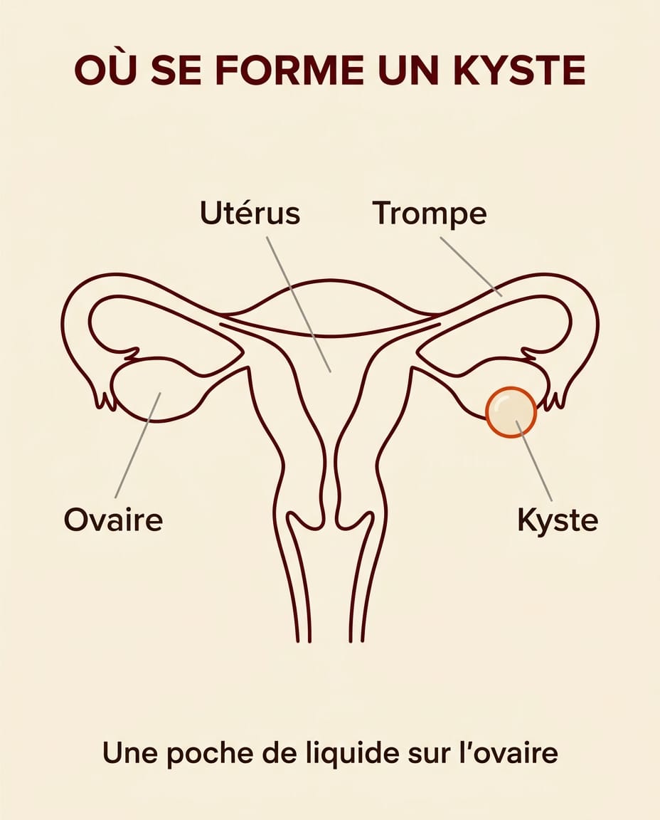 Schéma anatomique d'un ovaire montrant la formation d'un kyste à partir d'un follicule, avec l'utérus et les trompes, en illustration éditoriale douce