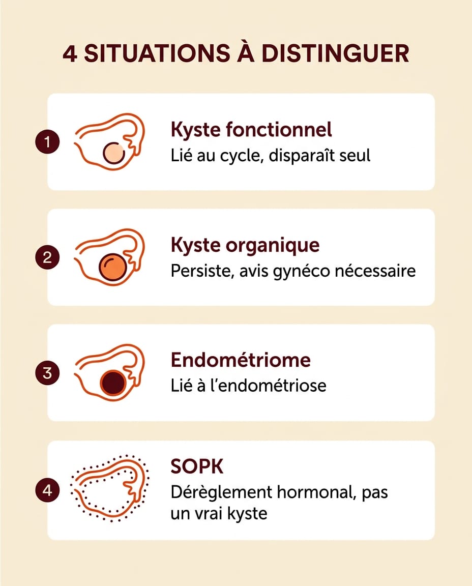 Infographie comparant kyste fonctionnel, kyste organique, SOPK et endométriome, avec leurs caractéristiques principales en français