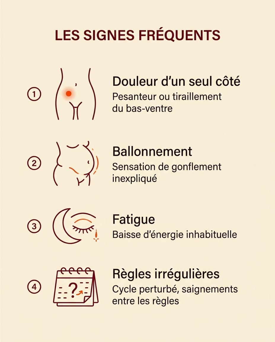 Infographie des symptômes fréquents du kyste ovarien : douleur d'un côté, ballonnement, fatigue, troubles des règles, en français
